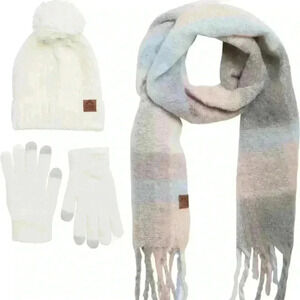 C & C California Mix Rib Beanie,Touch Sensitive Gloves,Scarf Set-Ivory Multi NWT
